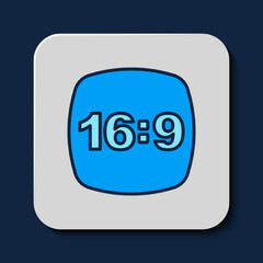 Filled outline Photo frame 16-9 icon isolated on blue background. 16-9 photo size. Camera sensor size. Vector