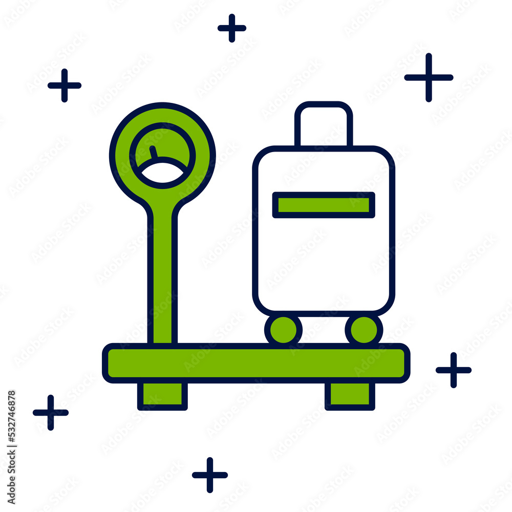 Poster filled outline scale with suitcase icon isolated on white background. logistic and delivery. weight 