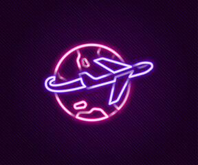 Glowing neon line Globe with flying plane icon isolated on black background. Airplane fly around the planet earth. Aircraft world icon. Colorful outline concept. Vector