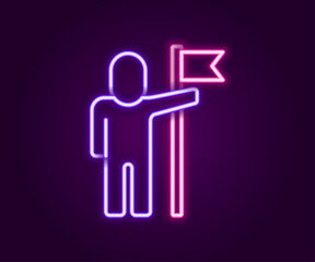 Glowing neon line Man holding flag icon isolated on black background. Victory, winning and conquer adversity concept. Colorful outline concept. Vector
