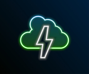 Glowing neon line Storm icon isolated on black background. Cloud and lightning sign. Weather icon of storm. Colorful outline concept. Vector