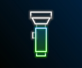 Glowing neon line Flashlight icon isolated on black background. Colorful outline concept. Vector