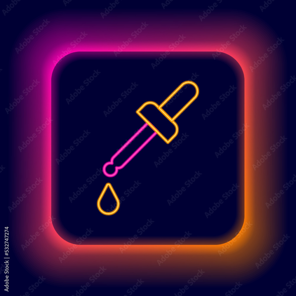 Sticker glowing neon line pipette icon isolated on black background. element of medical, chemistry lab equip