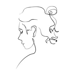 One continuous line hand drawn vector art with beautiful woman face in elegant curve. Black isolated on white background. Modern simplistic design for fashion, wall art, print, tattoo, cover, card.