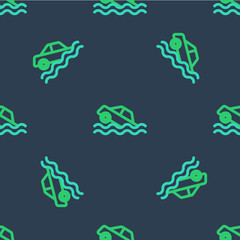 Line Flood car icon isolated seamless pattern on blue background. Insurance concept. Flood disaster concept. Security, safety, protection, protect concept. Vector