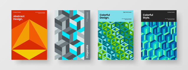 Fresh presentation design vector template composition. Multicolored mosaic shapes journal cover illustration bundle.