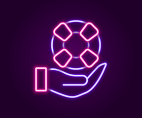 Glowing neon line Lifebuoy in hand icon isolated on black background. Lifebelt symbol. Colorful outline concept. Vector