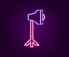 Glowing neon line Studio light bulb in softbox icon isolated on black background. Shadow reflection design. Colorful outline concept. Vector