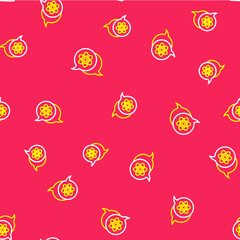 Line Atom icon isolated seamless pattern on red background. Symbol of science, education, nuclear physics, scientific research. Vector