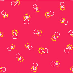 Line Chemical experiment, explosion in the flask icon isolated seamless pattern on red background. Chemical explosion in a test tube. Vector