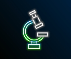 Glowing neon line Microscope icon isolated on black background. Chemistry, pharmaceutical instrument, microbiology magnifying tool. Colorful outline concept. Vector