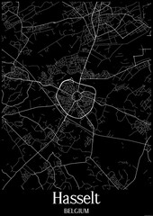 Black and White city map poster of Hasselt Belgium.
