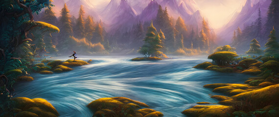 Artistic concept painting of a beautiful river landscape, background illustration.