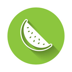 White Watermelon icon isolated with long shadow. Green circle button. Vector
