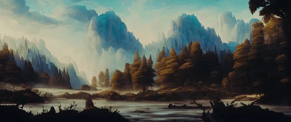 Fotobehang Chocoladebruin Artistic concept painting of a beautiful river landscape, background illustration.