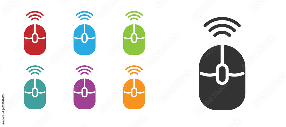 Poster black wireless computer mouse icon isolated on white background. optical with wheel symbol. set icon