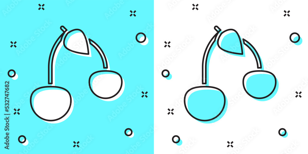 Poster black line cherry icon isolated on green and white background. fruit with leaf symbol. random dynami