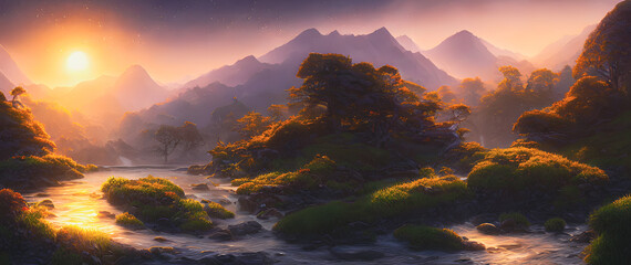 Naklejka premium Artistic concept painting of a beautiful river landscape, background illustration.
