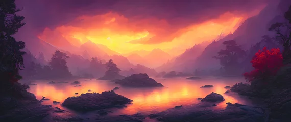 Wall murals purple Artistic concept painting of a beautiful river landscape, background illustration.