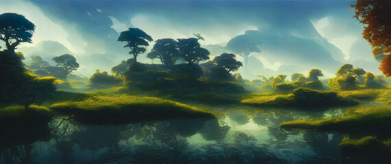 Artistic concept painting of a beautiful river landscape, background illustration.