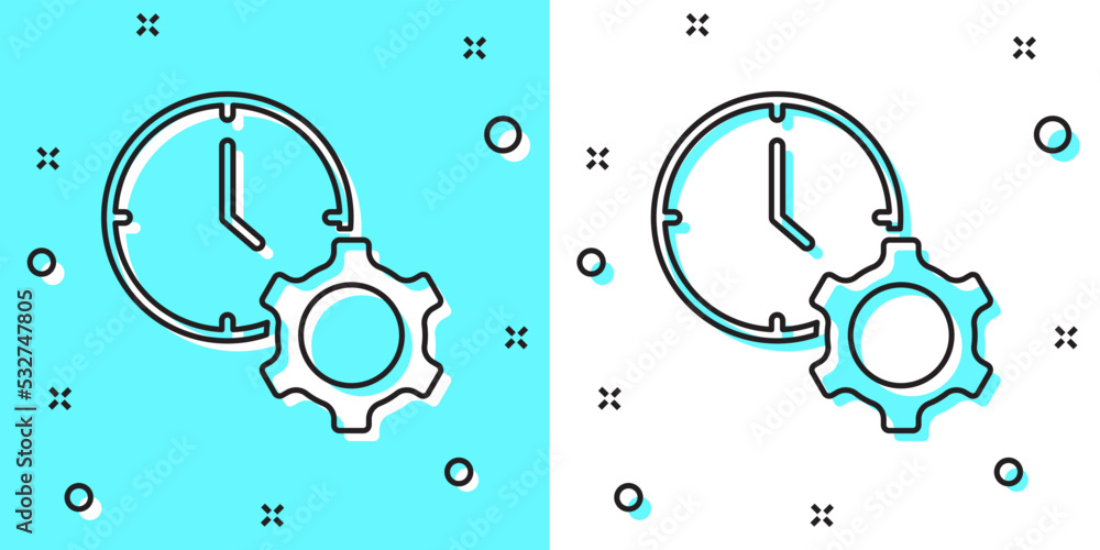 Poster black line time management icon isolated on green and white background. clock and gear sign. product