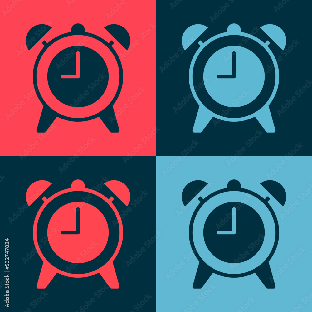 Poster pop art alarm clock icon isolated on color background. wake up, get up concept. time sign. vector