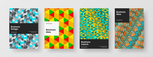 Fototapeta premium Isolated mosaic hexagons handbill concept bundle. Clean brochure A4 vector design layout set.