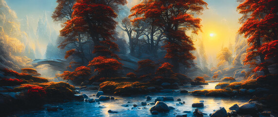 Artistic concept painting of a beautiful river landscape, background illustration