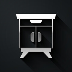 Silver Furniture nightstand icon isolated on black background. Long shadow style. Vector