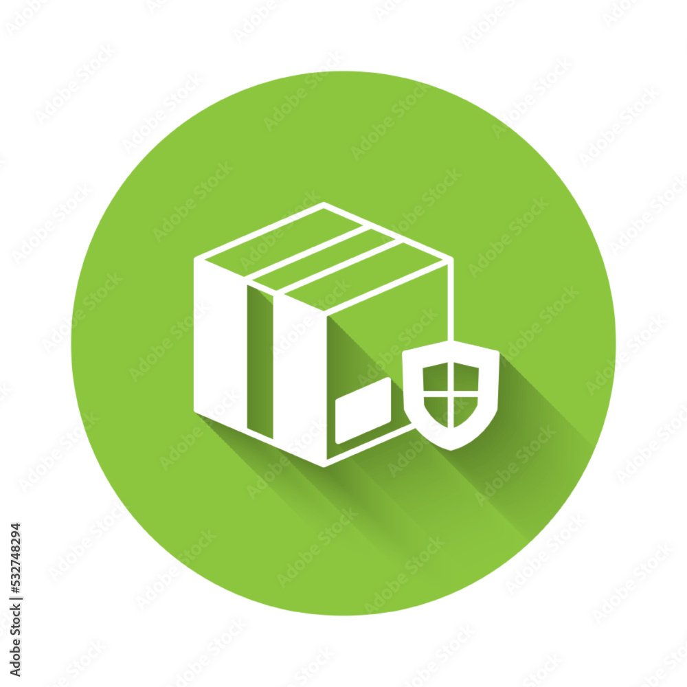 Poster white delivery security with shield icon isolated with long shadow background. delivery insurance. i