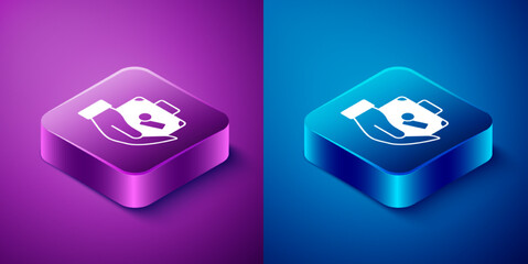 Isometric Travel suitcase in hand icon isolated on blue and purple background. Traveling baggage insurance. Security, safety, protection, protect concept. Square button. Vector