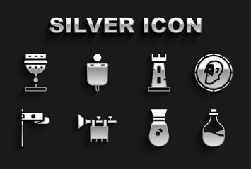 Set Trumpet with flag, Ancient coin, Old bottle of wine, money bag, Medieval, Castle tower, goblet and icon. Vector