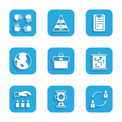 Set Briefcase, Award cup, Human resources, Planning strategy concept, Boss with employee, Earth globe, Clipboard checklist and Project team base icon. Vector