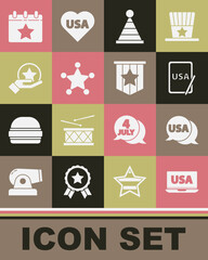 Set USA on laptop, label, graphic tablet, Party hat, Hexagram sheriff, Independence day, Calendar with date July 4 and American flag icon. Vector