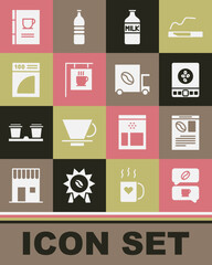 Set Coffee and conversation, Newspaper coffee, Electronic scales, Bottle with milk, Street signboard, filter, book and street truck machine icon. Vector