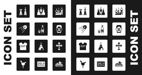 Set Saint Basil's Cathedral, Bottle of vodka with glass, Satellite, Chess, Joseph Stalin, Church building, Christian cross and USSR t-shirt icon. Vector