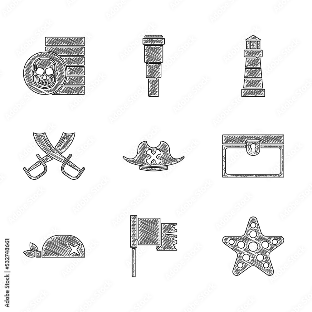 Canvas Prints Set Pirate hat, flag, Starfish, Antique treasure chest, bandana for head, Crossed pirate swords, Lighthouse and coin icon. Vector