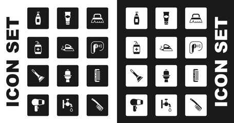 Set Brush for cleaning, Electric iron, Hand sanitizer bottle, Bottle of liquid soap, Shower, Tube toothpaste, Hairbrush and Rubber plunger icon. Vector