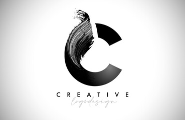 Letter C Logo Brush Stroke with Artistic Watercolor Paint Brush Icon Vector Design