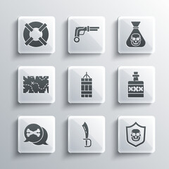 Set Pirate sword, Shield with pirate skull, Alcohol drink Rum, Dynamite bomb, Location, treasure map, Lifebuoy and coin icon. Vector
