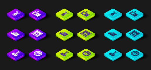 Set Captain of ship, Ship porthole with seascape, Sinking cruise, Cruise, Photo camera and Towel on hanger icon. Vector