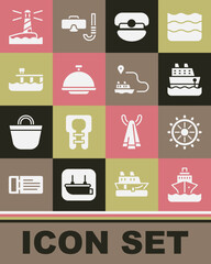Set Cruise ship, Ship steering wheel, Captain hat, Covered with tray, Beach pier dock, Lighthouse and line path icon. Vector
