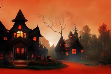 Fototapeta na wymiar Black and orange house with Halloween theme, 3d render