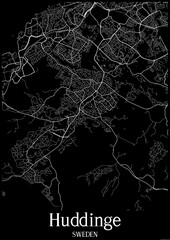 Black and White city map poster of Huddinge Sweden.