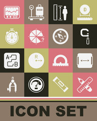Set Crossed ruler and pencil, Area measurement, Micrometer, Measuring height body, Circle of pieces, Stopwatch, instrument and Compass icon. Vector