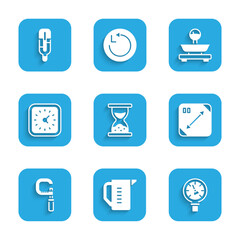 Set Old hourglass with sand, Measuring cup, Pressure water meter, Diagonal measuring, Micrometer, Clock, Scales and Medical thermometer icon. Vector