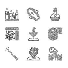 Set Witch, Zombie mask, Castle, fortress, Toilet paper roll, Magic wand, Spider web, Bottle with potion and Burning candle icon. Vector