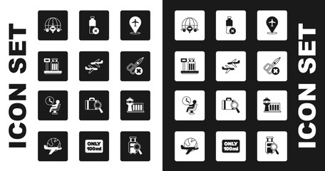 Set Plane, Scale with suitcase, Globe flying plane, No scissors, water bottle, Airport control tower and Human waiting airport terminal icon. Vector