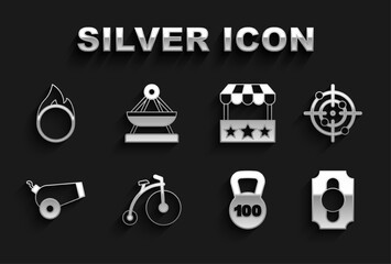 Set Vintage bicycle, Target sport, Circus ticket, Weight, Cannon, Ticket box office, fire hoop and Boat swing icon. Vector