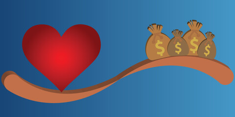 See saw scale or balance with heart and bags with dollar symbol